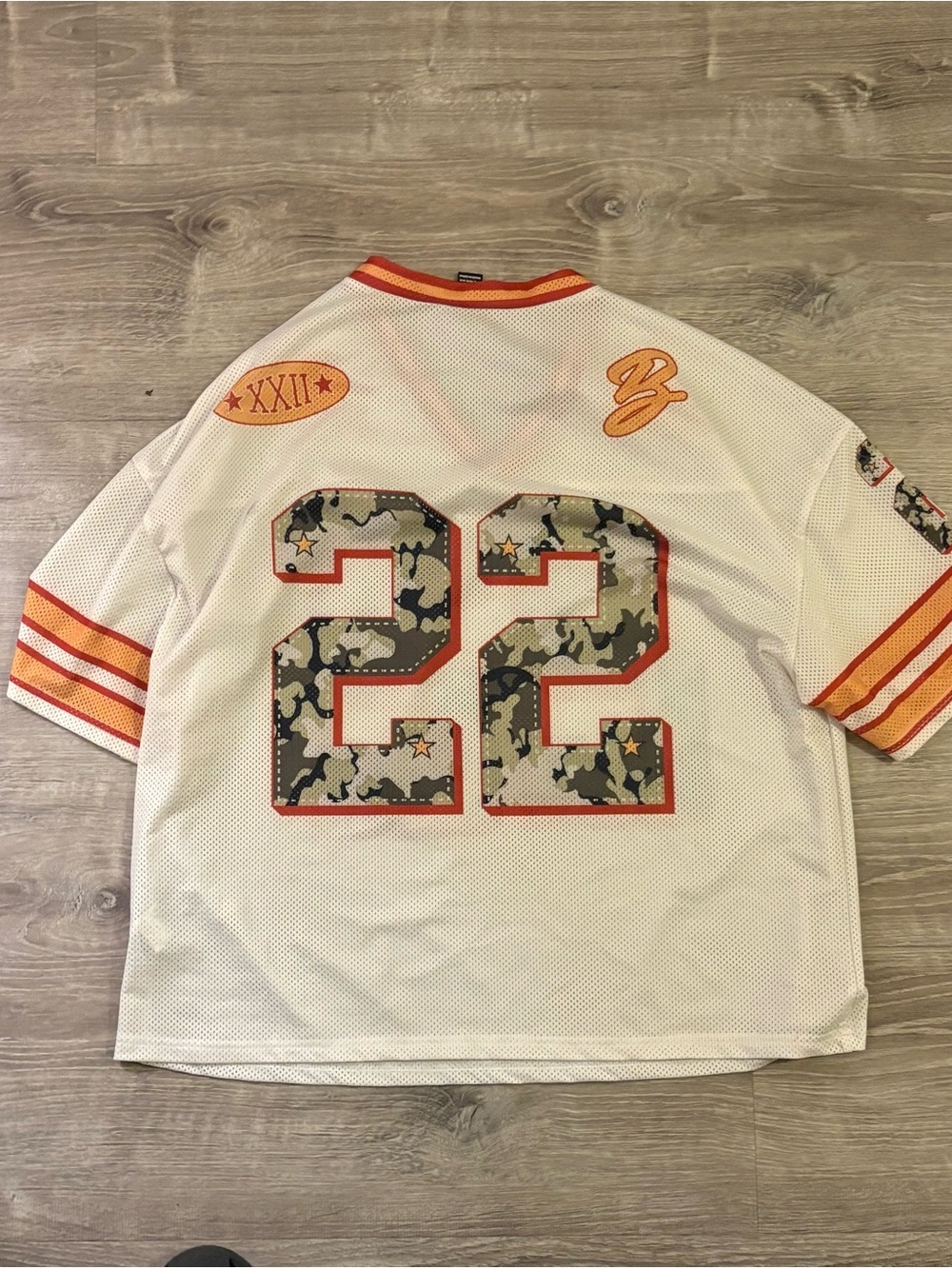 Men's White Mesh Jersey Shirt with Orange Trim - Number 22